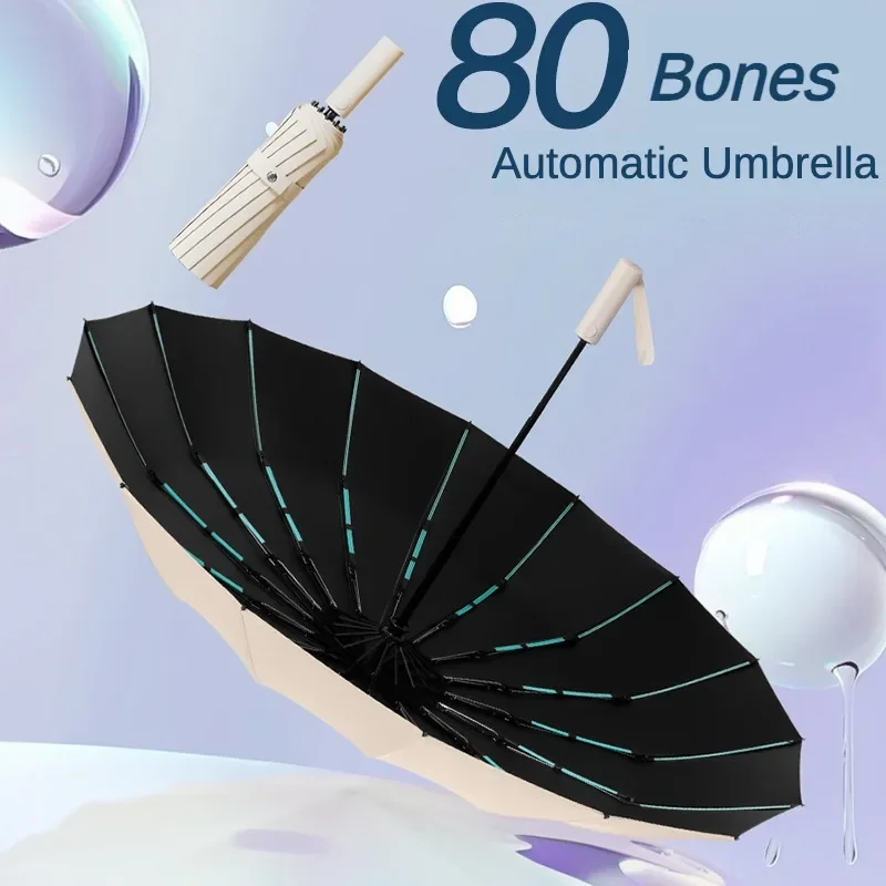 Guarda-chuva anti-tempestade para homens e mulheres, guarda-chuva dobrável automático, grande, impermeável, anti-ultravioleta, anti-ultravioleta, 80