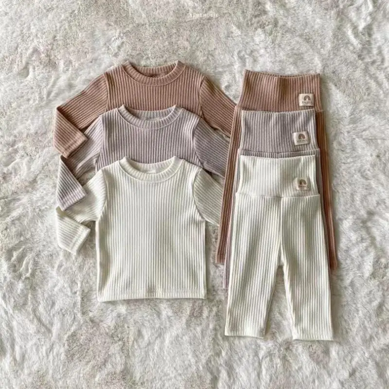 

New Baby Solid Long Sleeve Clothes Set Infant Cotton Pajamas Tops + High Waisted Pants 2pcs Suit Spring Cotton Toddler Outfits