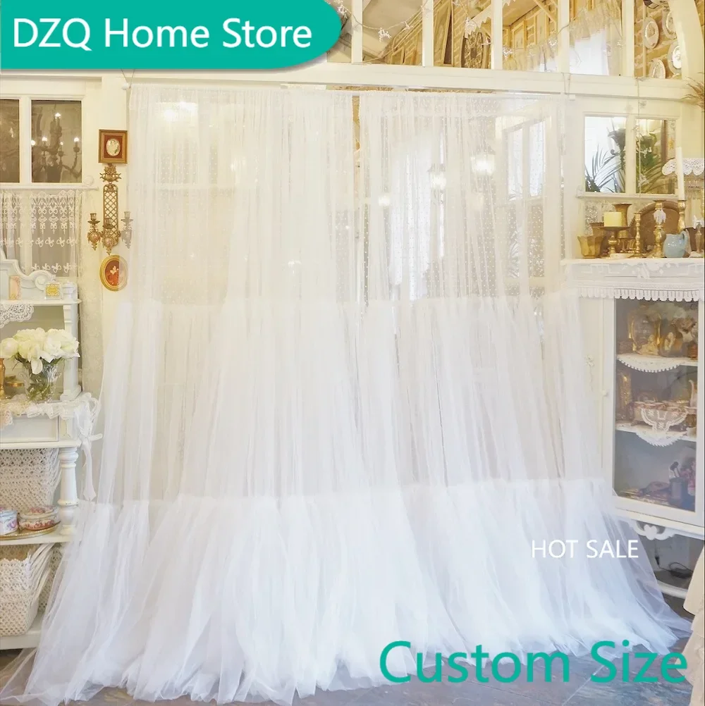 

Embroidered White Tulle Curtains with Dots, Fairy Voile Window Drapes, Princess White Tulles, High-end 2 Layers Wedding Cloth