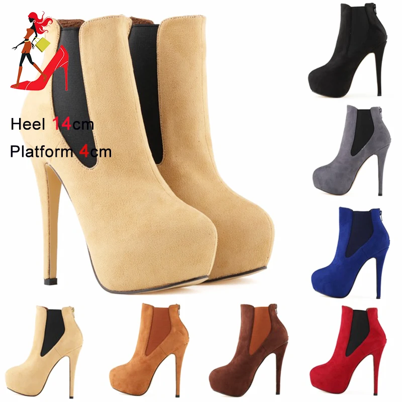 

Новинка 2023, короткие ботинки на платформе, искусственная замша, женская обувь, зимние Элегантные ботильоны на высоком тонком каблуке с застежкой-молнией сзади