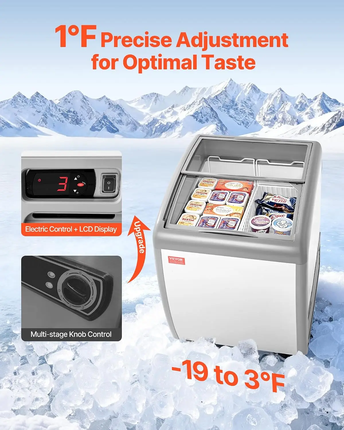 Commercial Ice Cream Display Case, 5.4 Cu.ft Chest Freezer, -19 to 3℉ Temp Adjustable Mobile Top Deep Freezer with 2 Wire Basket