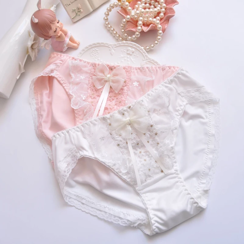 Cute Lovely Sweety Princess Style Lolita Cosplay Underwear Milk Silk Ruffles Bow Stretch Embroidery Panties Breathable Breifs