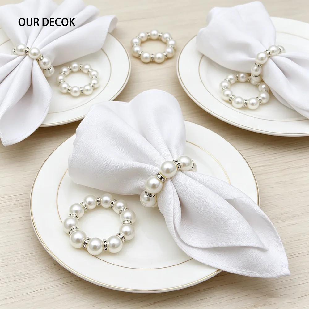 10 Stück goldene Serviettenringe, elegante Perle, elastischer Serviettenhalter für Hochzeit, Party, Bankett, Verzierung – Detail 3