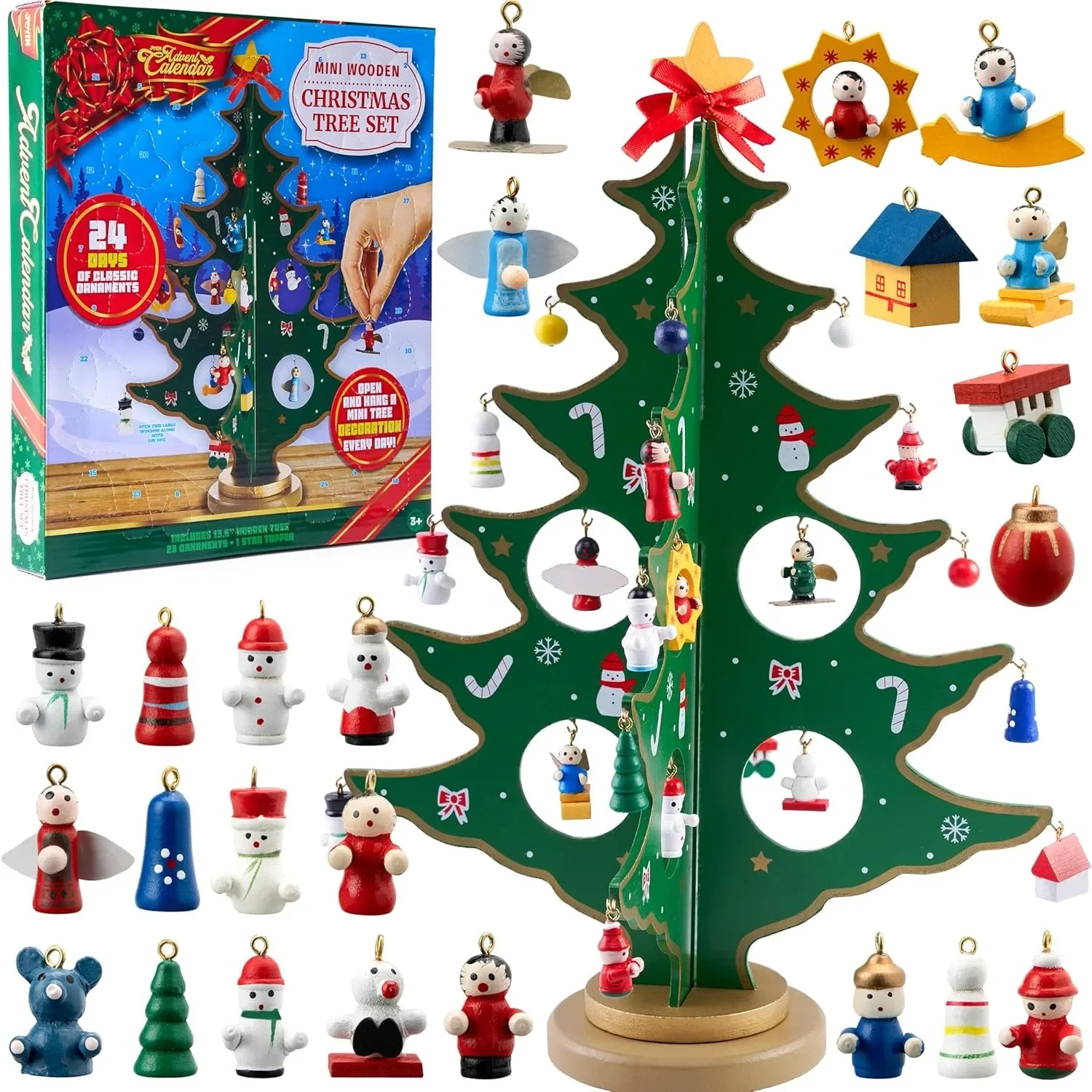 Joyfy Calendario dell'Avvento 2026 con 24 giorni di conto alla rovescia per Natale, con albero di Natale in legno da tavolo e 28 decorazioni a tema pupazzo di neve e Babbo Natale per bambini, ragazzi