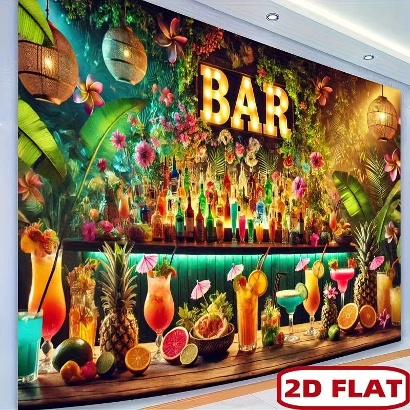 Tapiz de Bar Tropical Paradise, Arte Mural para Lounge de Cócteles Exóticos, Decoración de Restaurante con Temática de Tiki Hut, Hojas y Frutas de la Selva Vibrantes