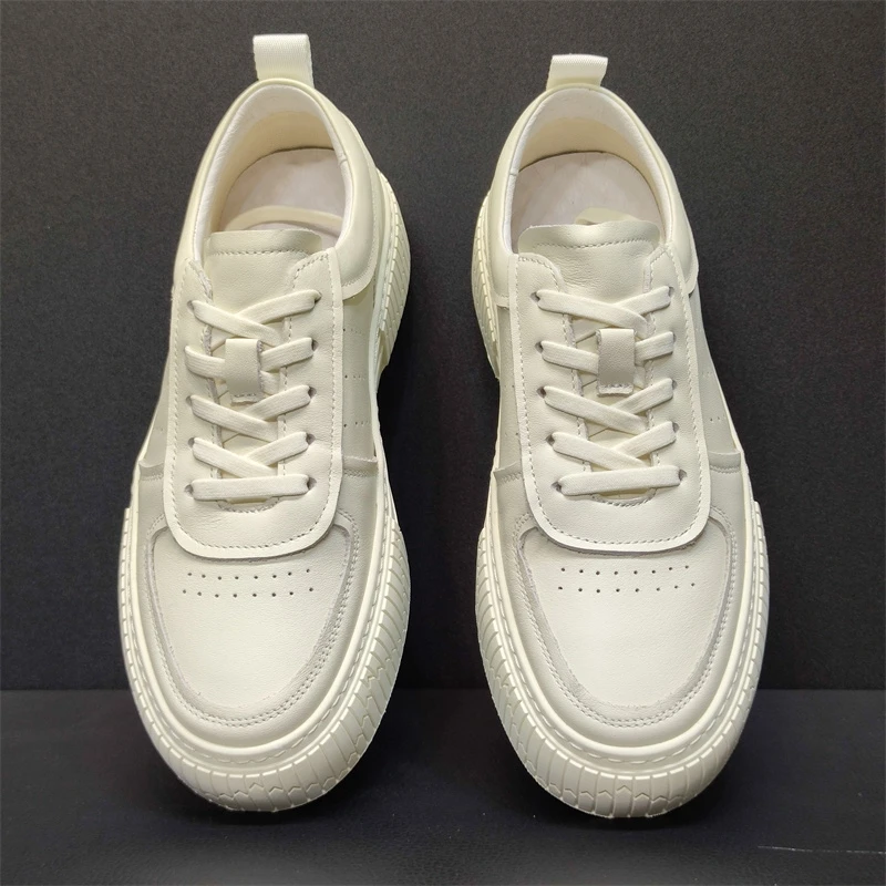 

Authentic Leather Men's Sneakers Thick Bottom Plain Color Sporty Casual Shoes Breathable round Toe Rubber Outsole