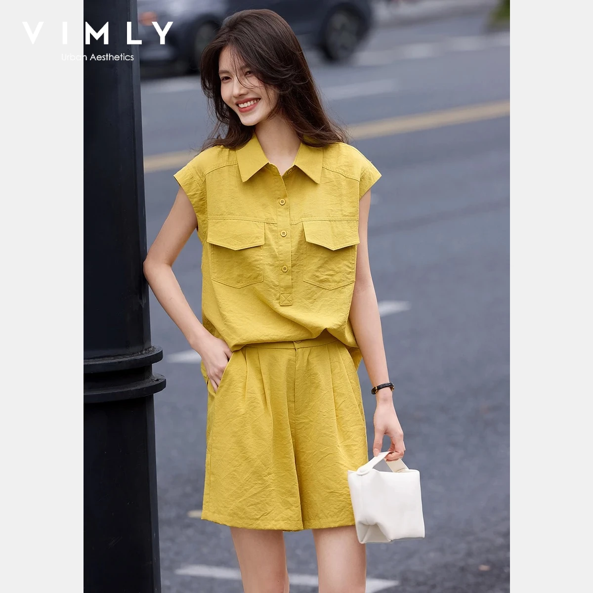 

VIMLY Women Cargo Style Casual Set 2026 Summer New Yellow Shirt & Shorts Two Piece Set Fashion Female Matching Suit 31165