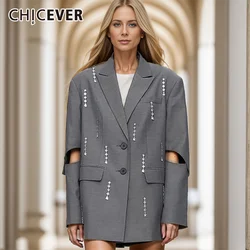 CHICEVER Solid Patchwork Diamond Blazer For Women Notched Collar Long Sleeve Hollow Out Design Spliced Button Loose Coats Female