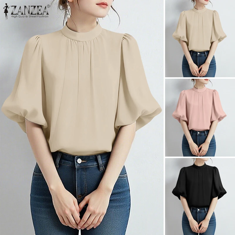 

ZANZEA Летняя элегантная блузка с коротким рукавом-фонариком для офиса, женская стильная однотонная туника-рубашка с воротником-стойкой, модель 2026 года, для работы (OL)