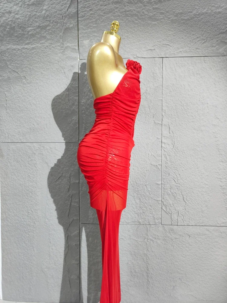 섹시한 레드 메쉬 러치드 스트랩리스 백리스 바디콘 점프수트 여성 셀럽 우아한 디자이너 하이 스트리트 팬시 클럽 롬퍼
