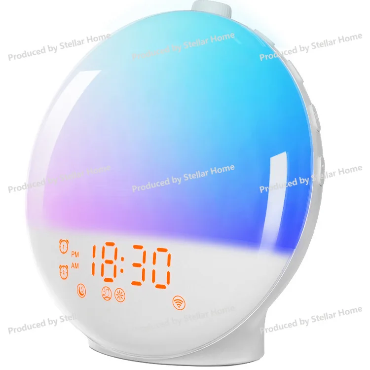 Wake-up Light, Sunrise Alarm Clock, Time Ambient Light, Colorful RGB Night Light, White Dry Sound, FM Radio, Sleep Companion