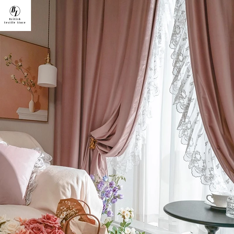 

Custom Size！！European Pink Romantic Lace Blackout Jacquard Curtains for Living Dining Room Bedroom American Retro Elegant Decor