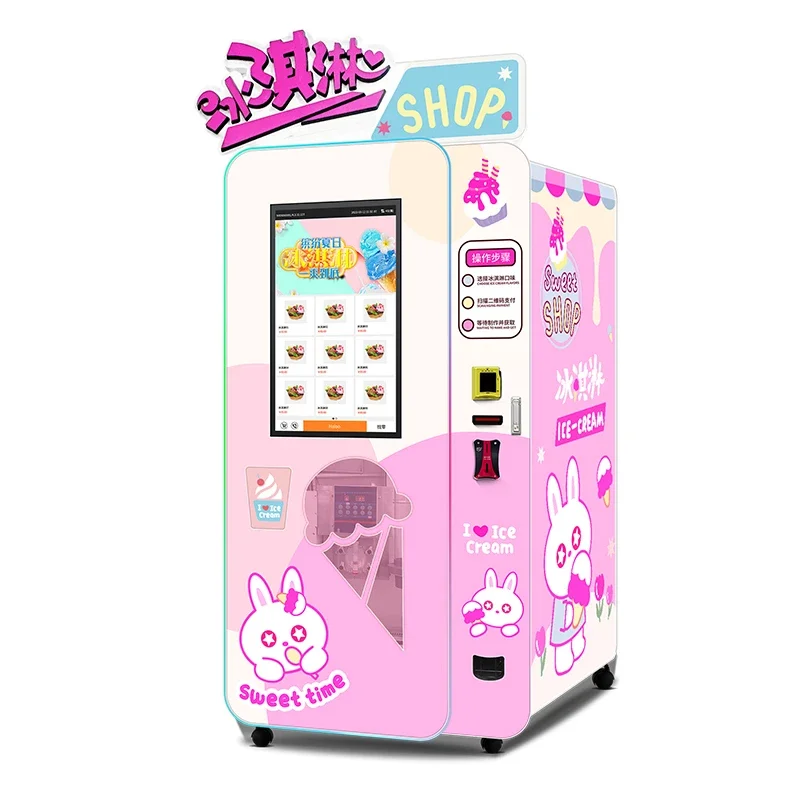 Soft cream vending machine big 32inch screen on the machine with coin bill and card reader 6 kinds of and 3 jams one cups