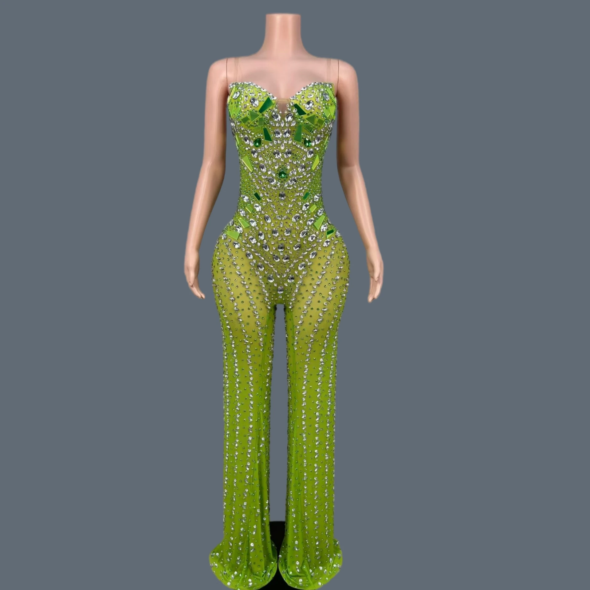 Singer Stage Performance Costume Women Rhinestone Strapless Mesh Flared Green Jumpsuit Crystal Striped Bodycon Outfit Yingguang
