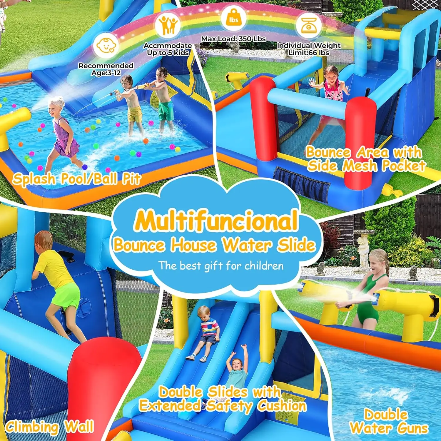 12x10 FT Inflatable Dual Slide Water Bounce House for Kids Backyard, Jump and Slide Inflatable Water Park w/ 2 Slides, Giant Spl
