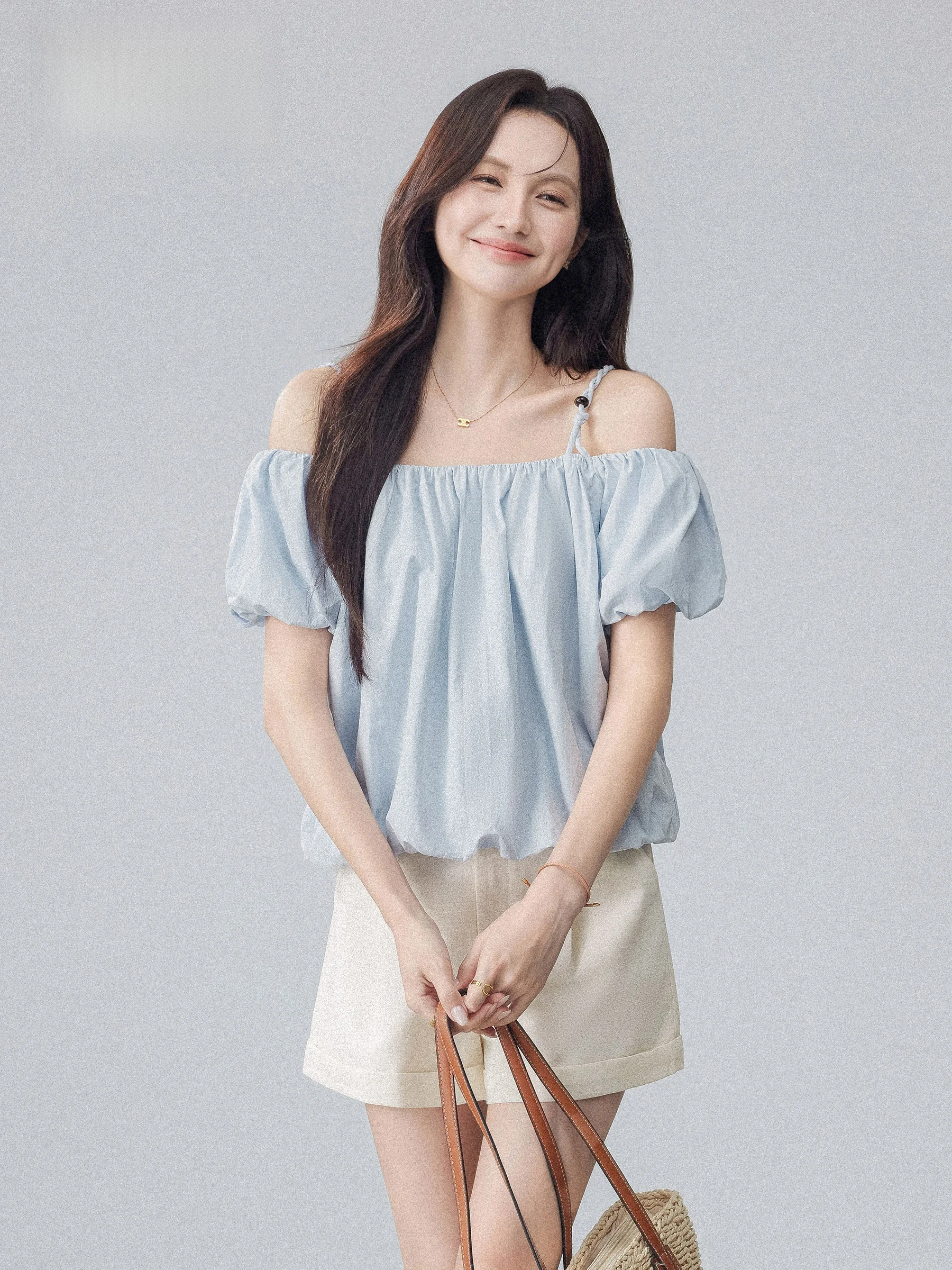 

Blue One-Shoulder Short-Sleeve Shirt Women's Summer Loose Fit Casual Top Korean Style Commute Fashion Bubble Sleeve Design