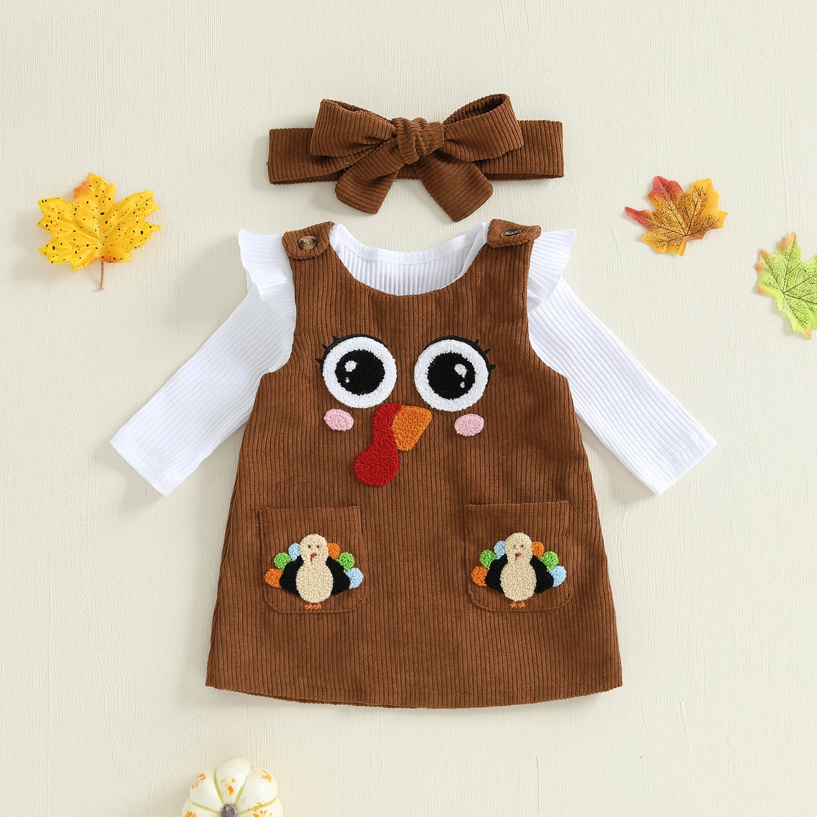 Baby Girl Thanksgiving Outfit Long Sleeve Romper Turkey Embroidered Tank Dress Headband 3 Pcs Set Cute Baby Holidays Costume