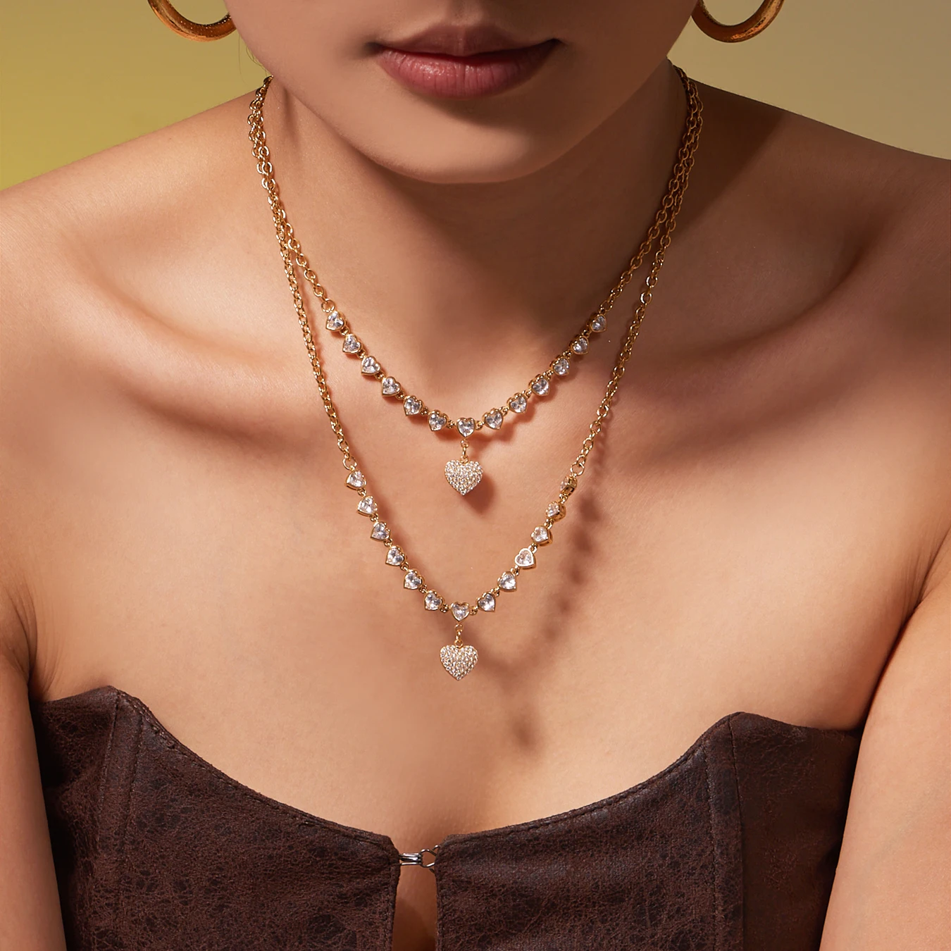 Goldene Silber Edelstahl Kette Halskette frauen Vergoldet Glänzenden Zirkon Herz Anhänger Halskette Femme Wasserdicht Schmuck – Detail 3