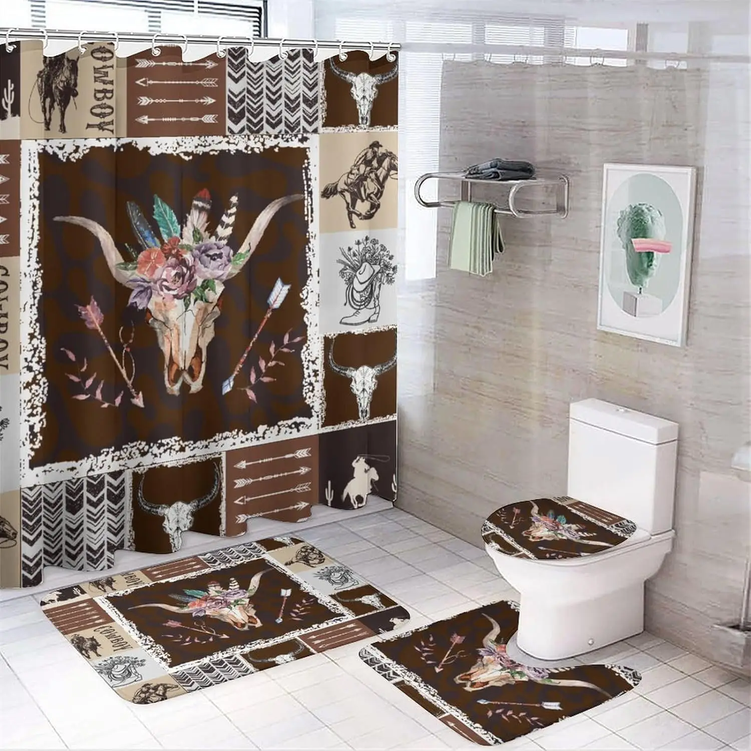 

Ретро коровьего черепа, комплект занавесок для душа из 4 предметов, деревенский фермерский дом, западный ковбойский геометрический клетчатый принт, нескользящие коврики, крышка унитаза