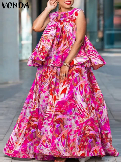 Conjuntos de vestido de falda larga VONDA de talla grande 5XL para mujer, Tops sin mangas de verano 2025, conjuntos estampados, conjuntos sueltos bohemios informales de 2 uds.