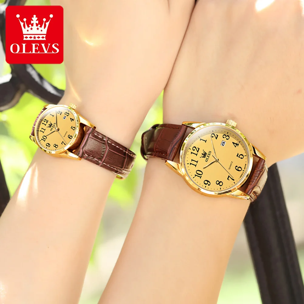 OLEVS 5566 Couple Watch for Lovers Leather Strap Simple Bussiness Watch Men Women His or Hers Watch Set 2pcs Waterproof Watches