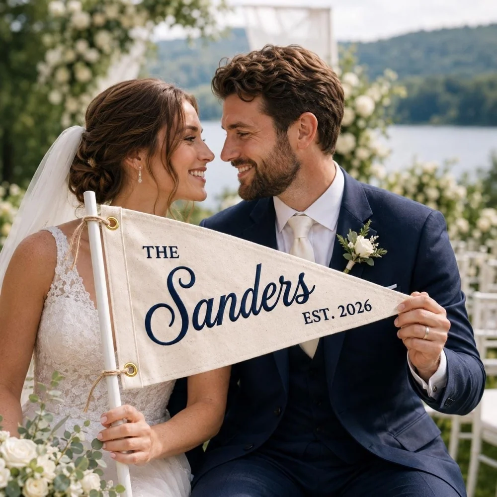 Custom Name Cord Embroidered Canvas Pennant Flag Personalized Triangle Banner Wedding Ceremony Backdrop Home Wall Art Decor