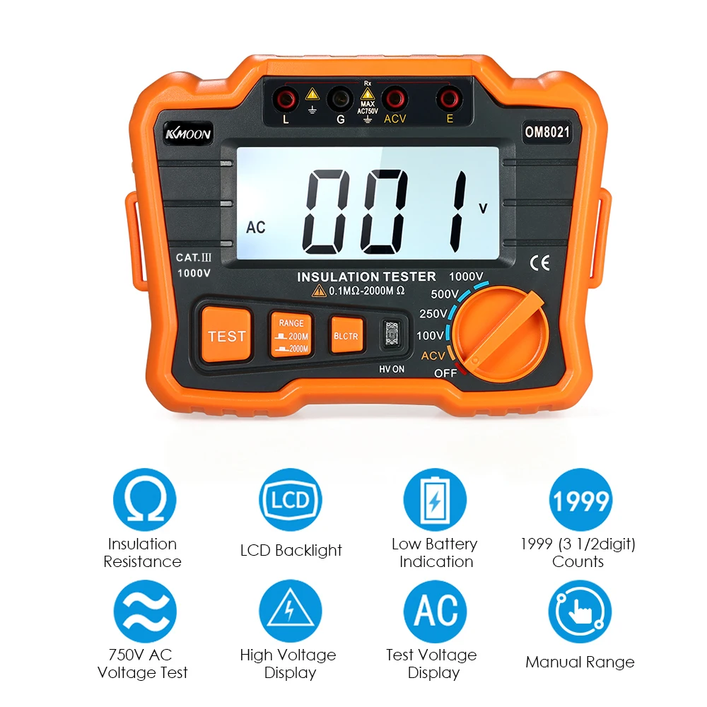 KKmoon Insulation Resistance Tester DCV ACV Meter 1000V Ground Megohmmeter MegOhm Voltmeter w/LCD Backlight Display Voltmeter