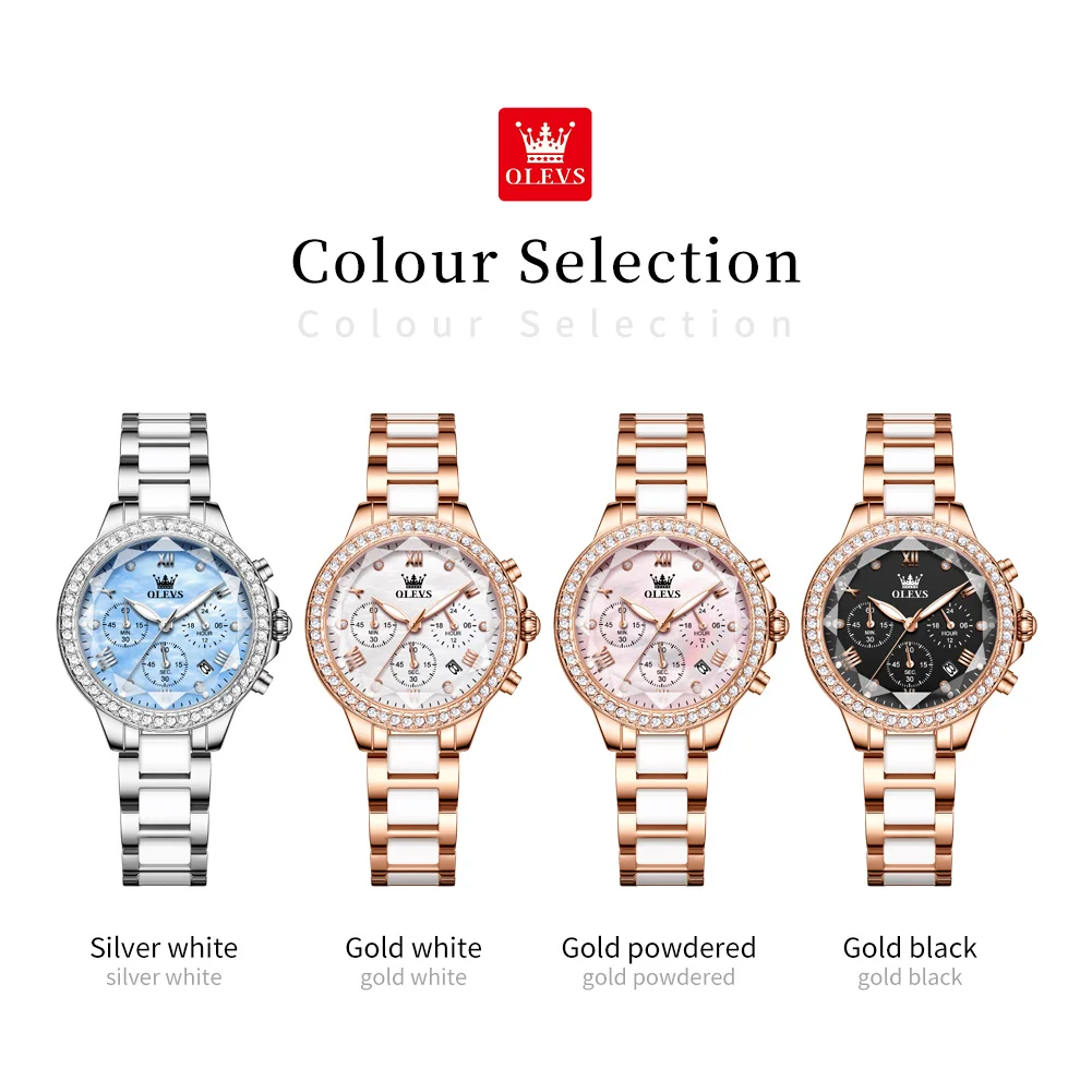 OLEVS 9999 Women Watch Luxury Quartz Wristwatch Ceramic Strap Waterproof Multifunctional Chronograph Ladies Watch Bracelet Set