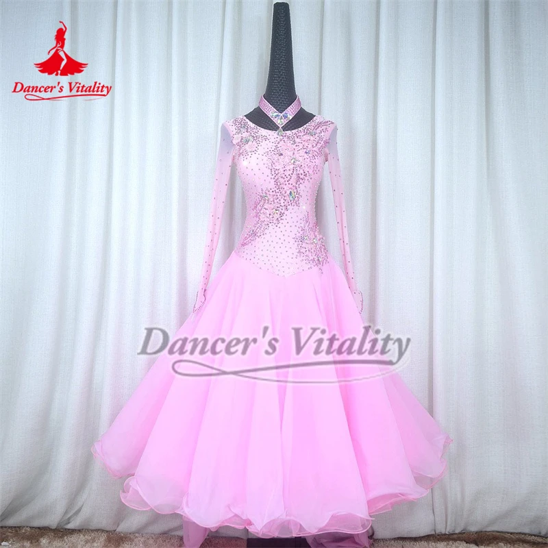 여성 왈츠 AB 스톤 긴 소매 래핑 된 어깨 빅 스윙 드레스 성인 사회 댄스 연습 및 경쟁 의류 사용자 정의