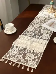 Beige American Country Vintage Flower Branch Mesh Lace With Fringe Table Runner Living Room Kitchen Table Decoration