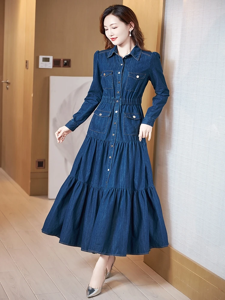 

TIYIHAILEY-Women's Long Maxi Full Sleeve Denim Dress, Spring Dresses, A-line, Single Breasted, Turn Down Collar, S-4XL