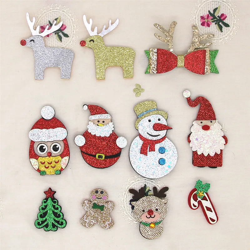 5-10pcs Non-woven PU Shiny Cloth Sequins patches Christmas Owl/Snowman/Reindeer/Tree Appliques For Clothes Supplies Diy Craft