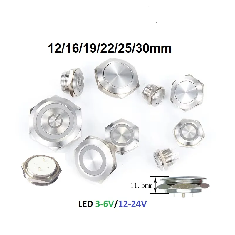 12/16/19/22/25/30mm Dashboard Button Tiny Short Silver Metal Button Switch LED 3-6V/12-24V Momentary Not Fixed Panel