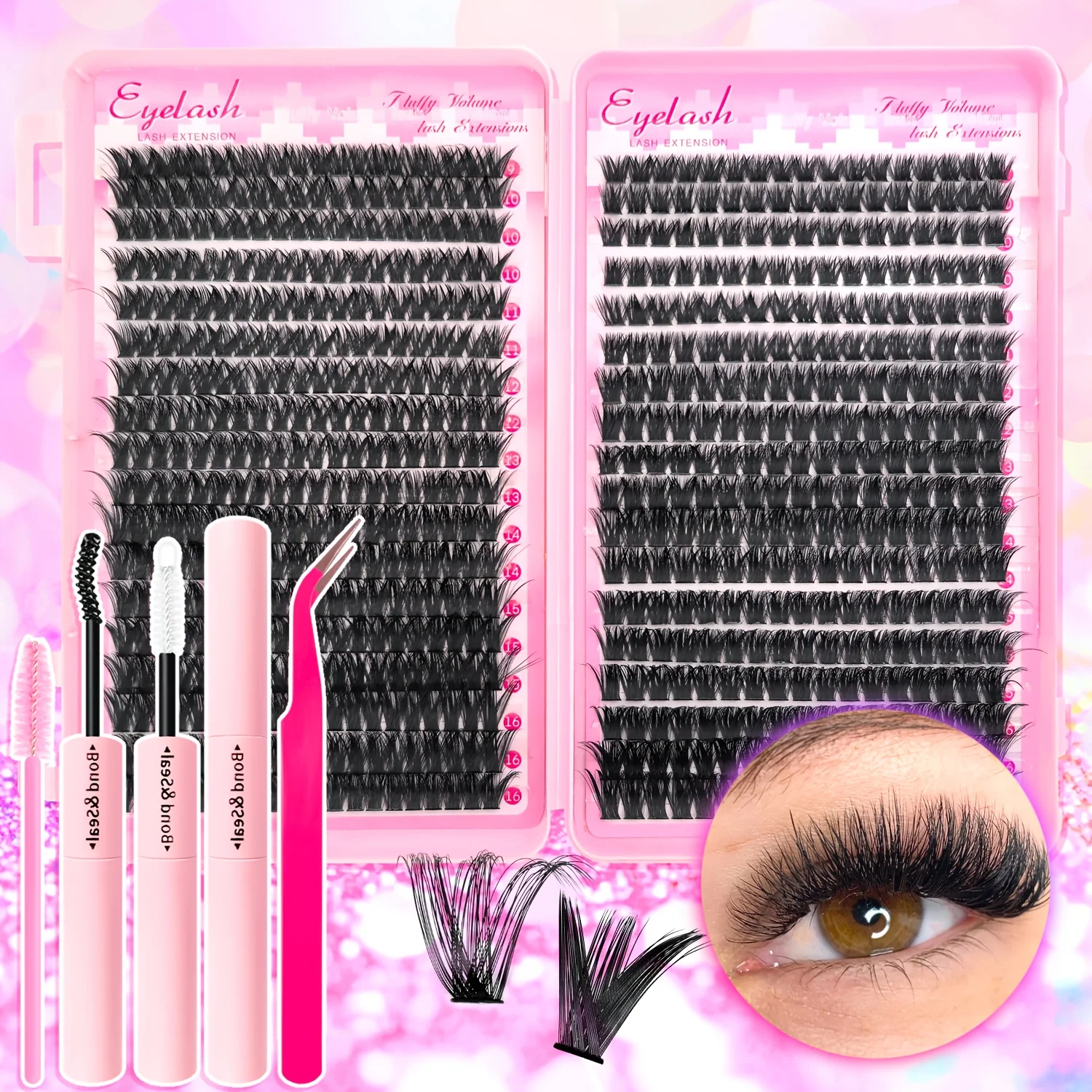720/200pcs Eyelash Extension Kit Fluffy Eyelash Extension Kit with Lash Bond and Seal Lash Tweezers Thick Lash Clusters