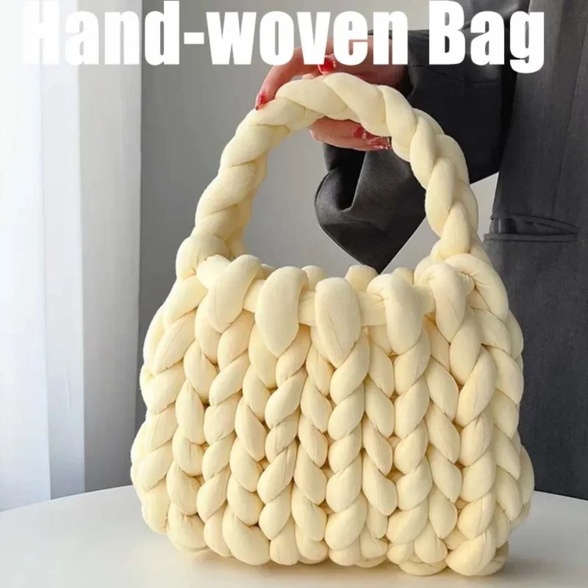 Women Crochet Bag Wool Hand-woven Female Casual Tote Knitting Handbag Shopping Purse Lightweight Breathable Cosmetic Storage Bag