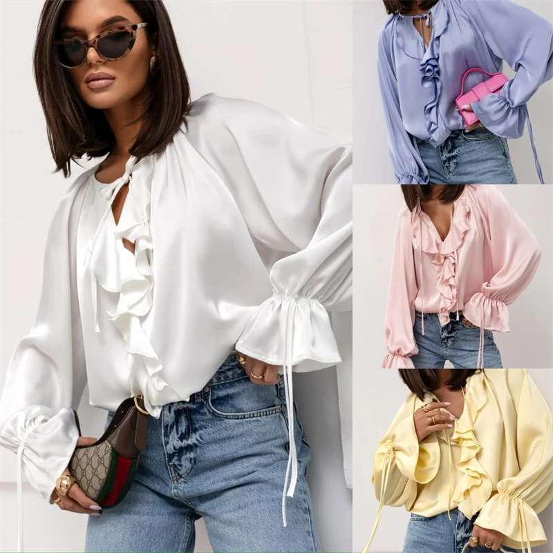 American Style Elegant Comfortable Ruffle T-Shirt Lace up Casual Loose V Neck Pullover Tops Autumn Female Flare Sleeve Tees 2025