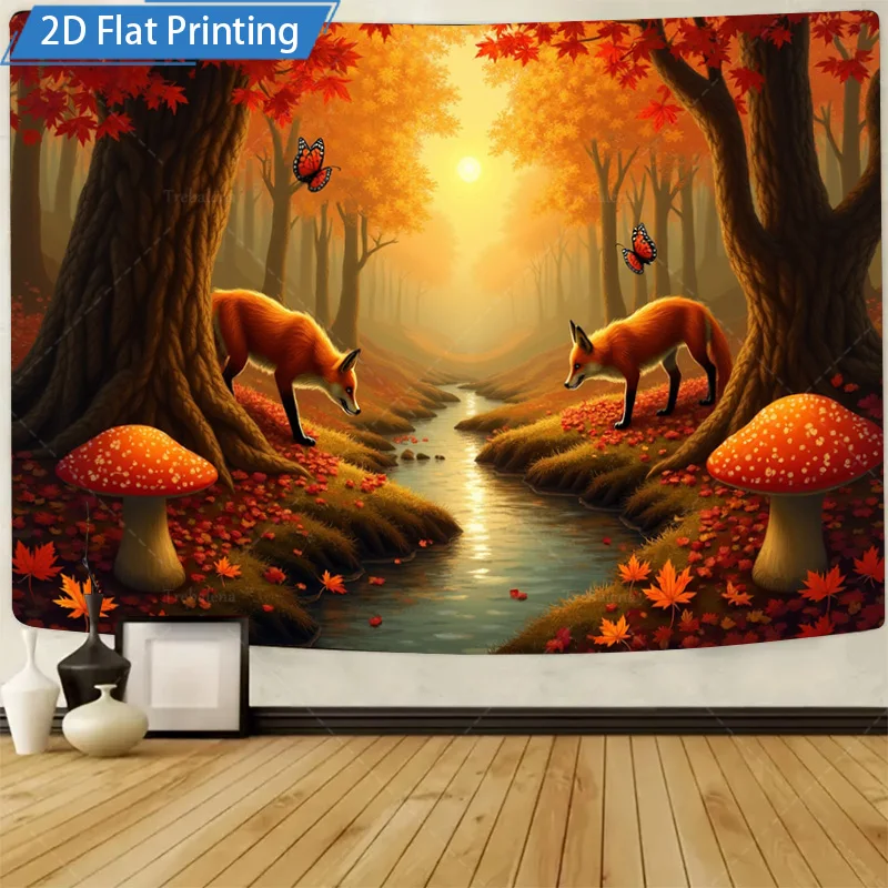 قطعة واحدة من نسيج الجدار لثعالب غابة الخريف - مشهد الطبيعة مع الفطر والفراشات