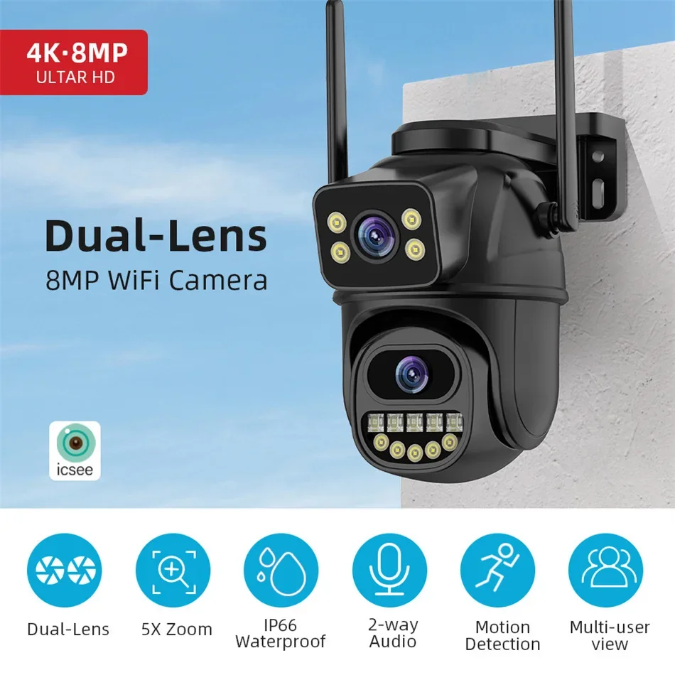 External Wifi PTZ Camera Dual Lens 4K 8MP HD Outdoor IP Camera 4MP Auto Tracking Security Protection CCTV Surveillance iCsee P2P