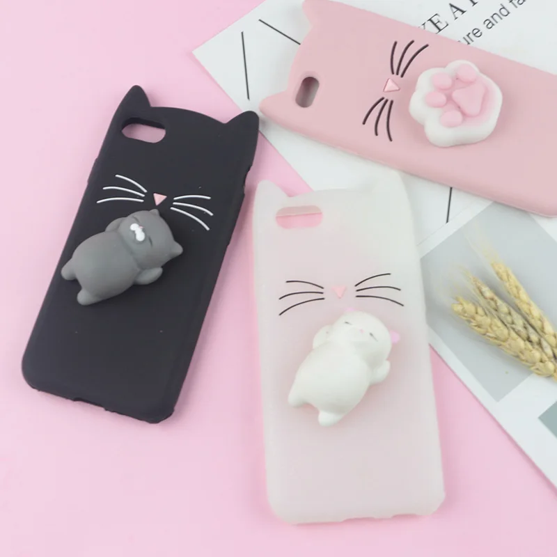 3D Cartoon Squishy Cat Ear Beard Soft Silicone Case For iPhone SE 11 12 13 14 Pro Max Plus Rubber Cover Press Cute Cat Case