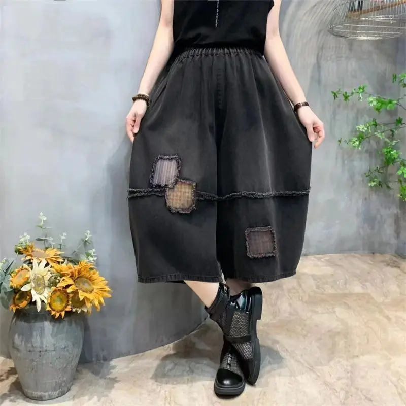 

2024 New Solid Oversized Vintage Calf-Length Wide Leg Pants Summer Loose Patchwork Straight Jeans High Wais TWomen's Clothing