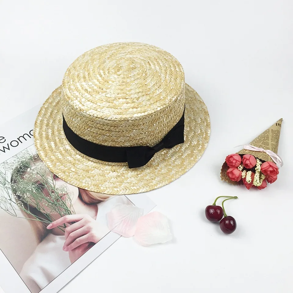 Kids girls nature sun hat Flat Bowler hat Wheat Straw hat Boy Children women casual summer beach hat bow ribbob sunscreen hats