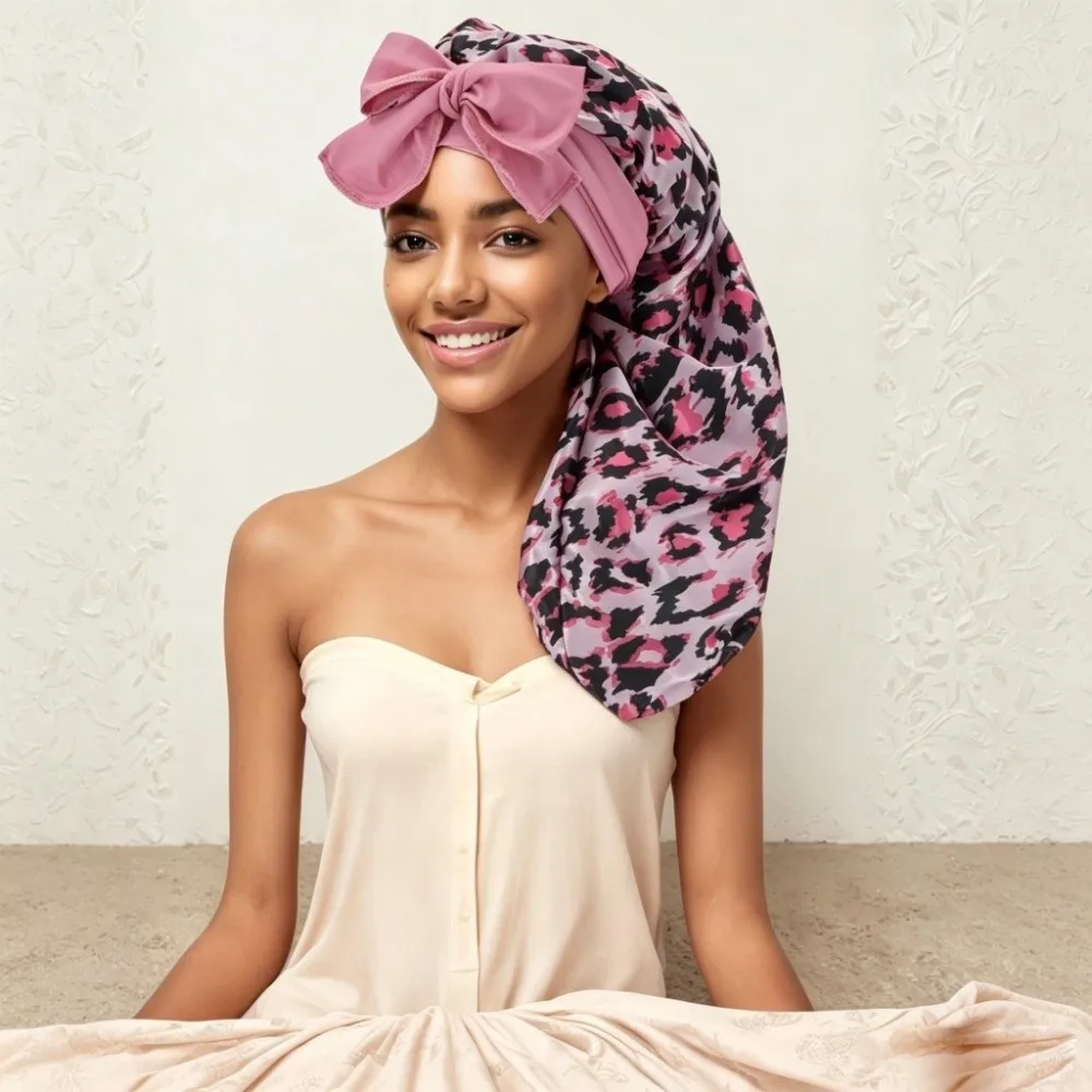 Satin Material Silk Hair Bonnet Bowknot Design Leopard Print Hair Protector Bonnet Long Style Wide Elastic Band