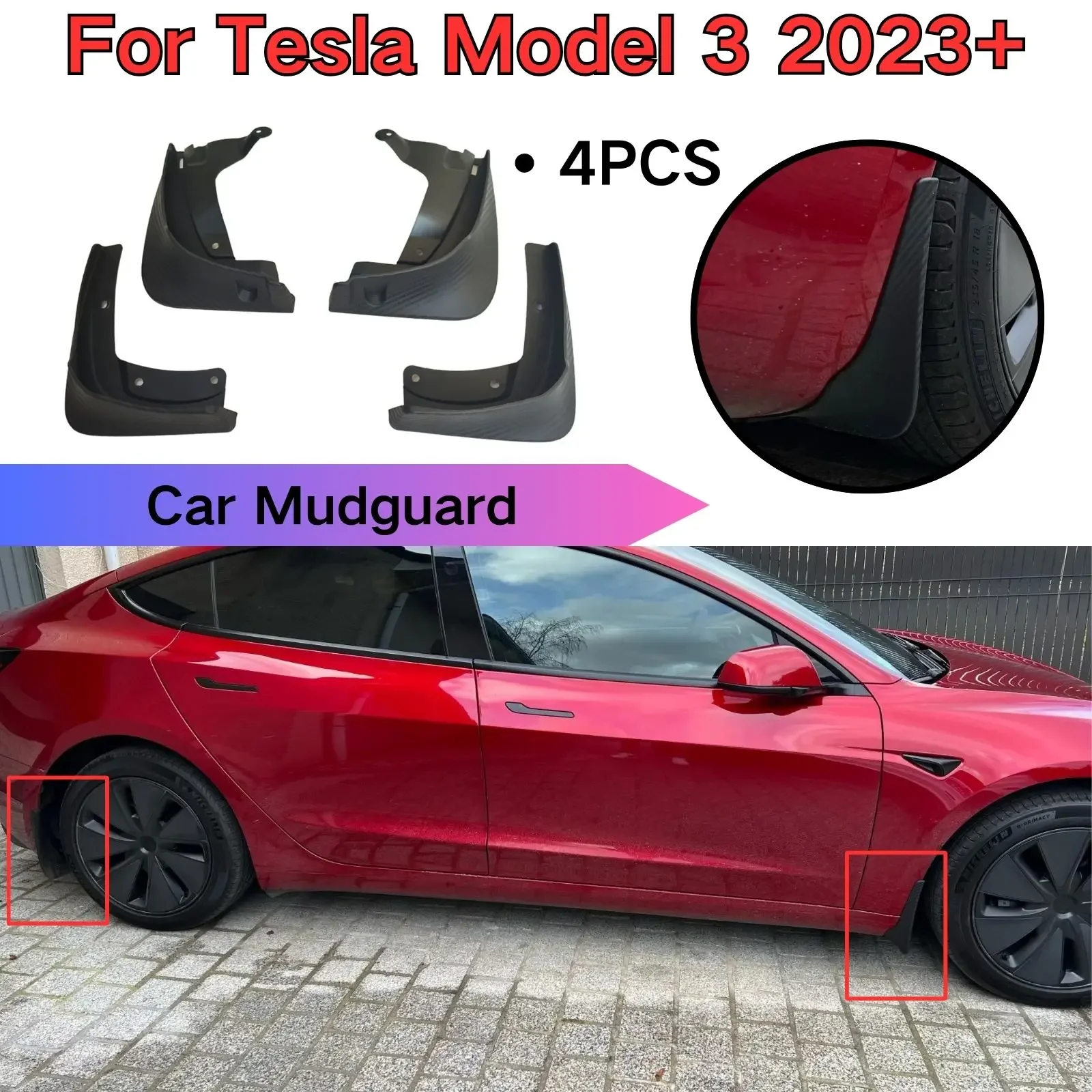 Car Mudguards For Tesla Model 3 2023 2024  Anti-Sand Splash Cabon Fiber Style Mud Guard Flaps Accessories 4PCS Fender Protector