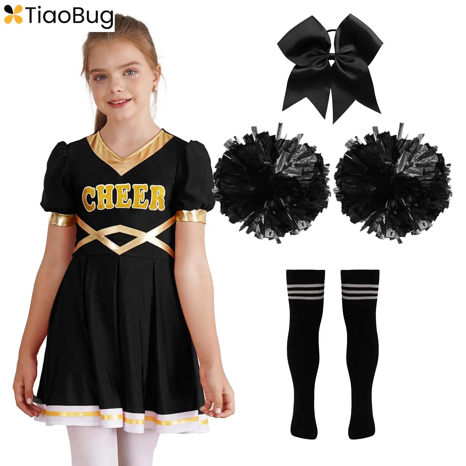 

Kids Girls Cheer Leader Costume Halloween Cheerleading Uniform Short Sleeve Gymnastic Dance Dress and Pom Poms Stocking Hair Tie