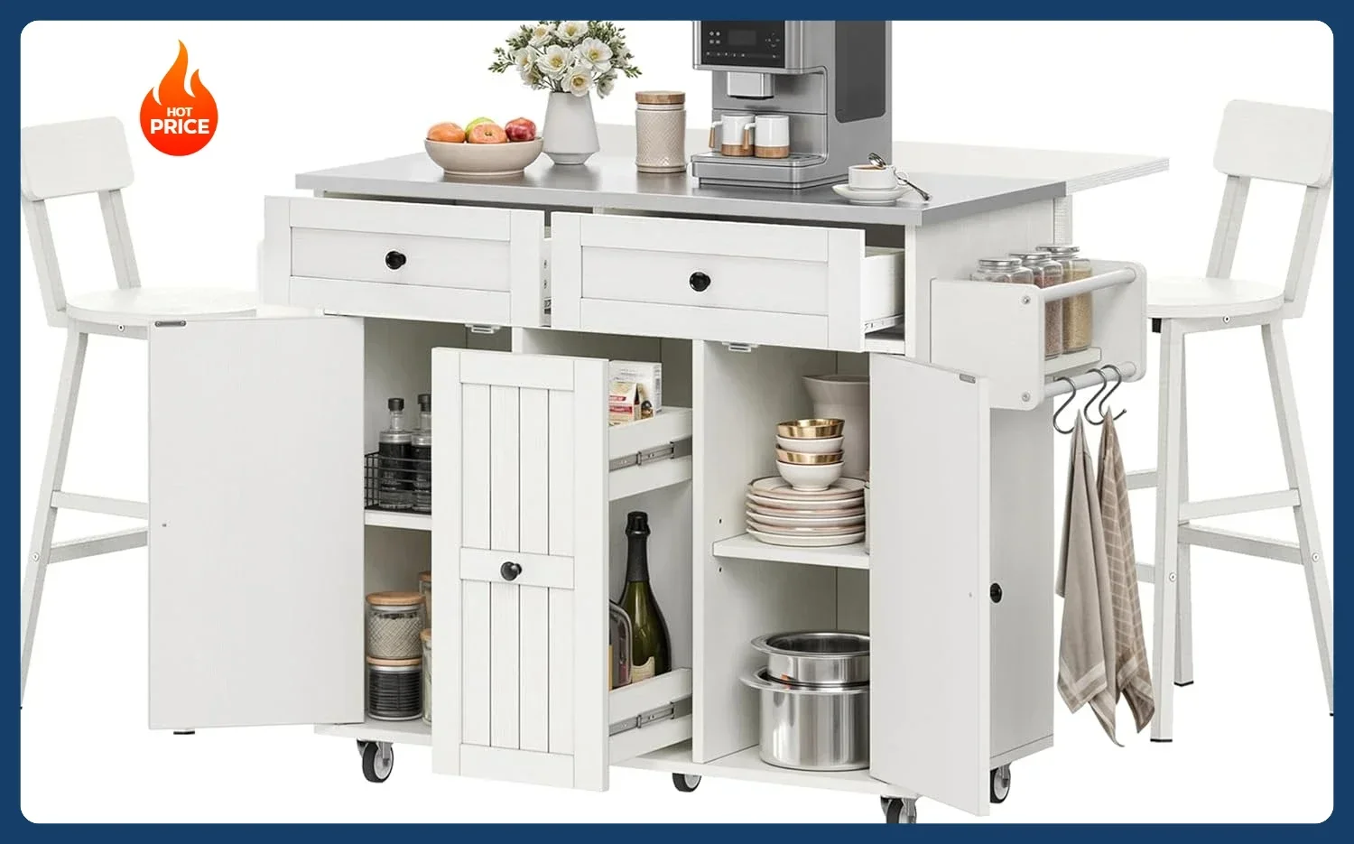 [Hot Sale!]Kitchen Island with Seating, Mobile Kitchen Storage Island with Drop Leaf Countertop, Large Kitchen Island Table with