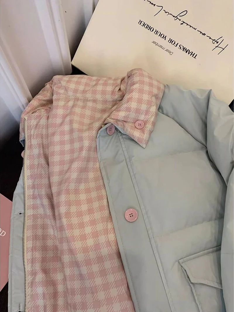 Chic Reversible Women Padded Jacket Contrast Plaid Coat Button Down Quilted Pink Buttons Winter Warm Preppy Retro Parkas