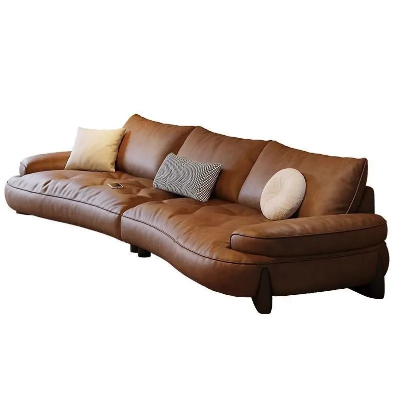 

Leather caramel color brown cream style retro sofa home living room size apartment light luxury arc