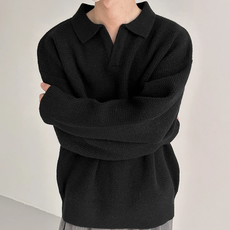 Herbst Winter Koreanischen Stil männer Revers Polo Shirts Pullover Pullover Vintage Lose Innere Layered V-ausschnitt Strickwaren Pullover Jumper – Detail 14