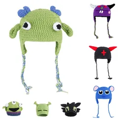 2023 New Monster Shrek Hat cute Winter Knitted Hats Green Party Funny Beanie Skullies Cap for Women Men Pure Handmade