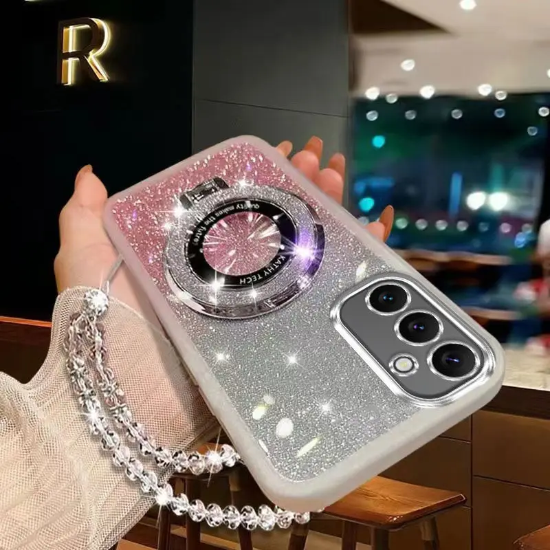 Glitter Crystal Bracelet Magsafe Phone Holder Case For Samsung Galaxy A16 A06 A26 A36 A56 A15 A25 A35 A55 A14 A24 A34 A54 4G 5G